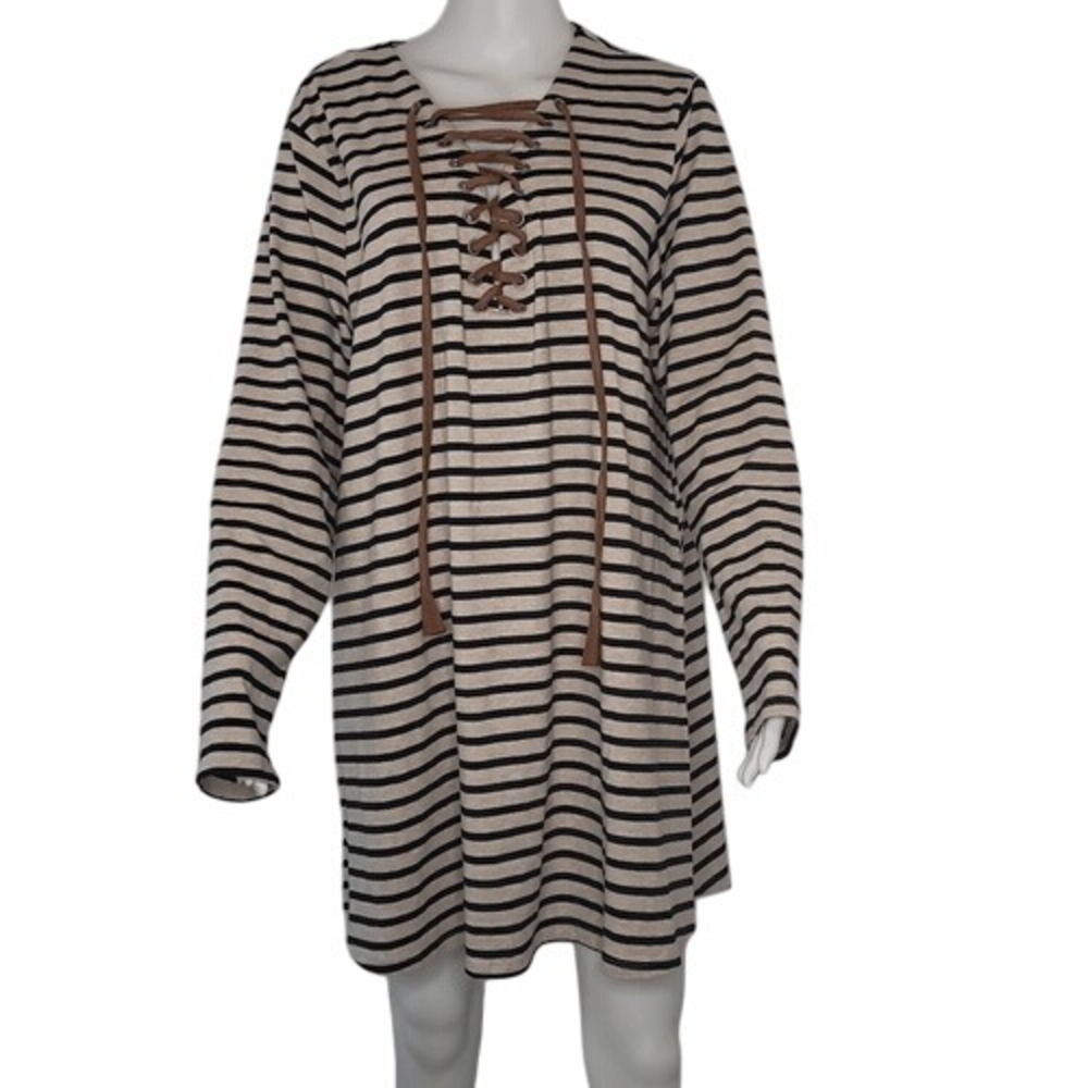 Umgee Tan &‎ Black Stripe Tassel Front Tie Dress